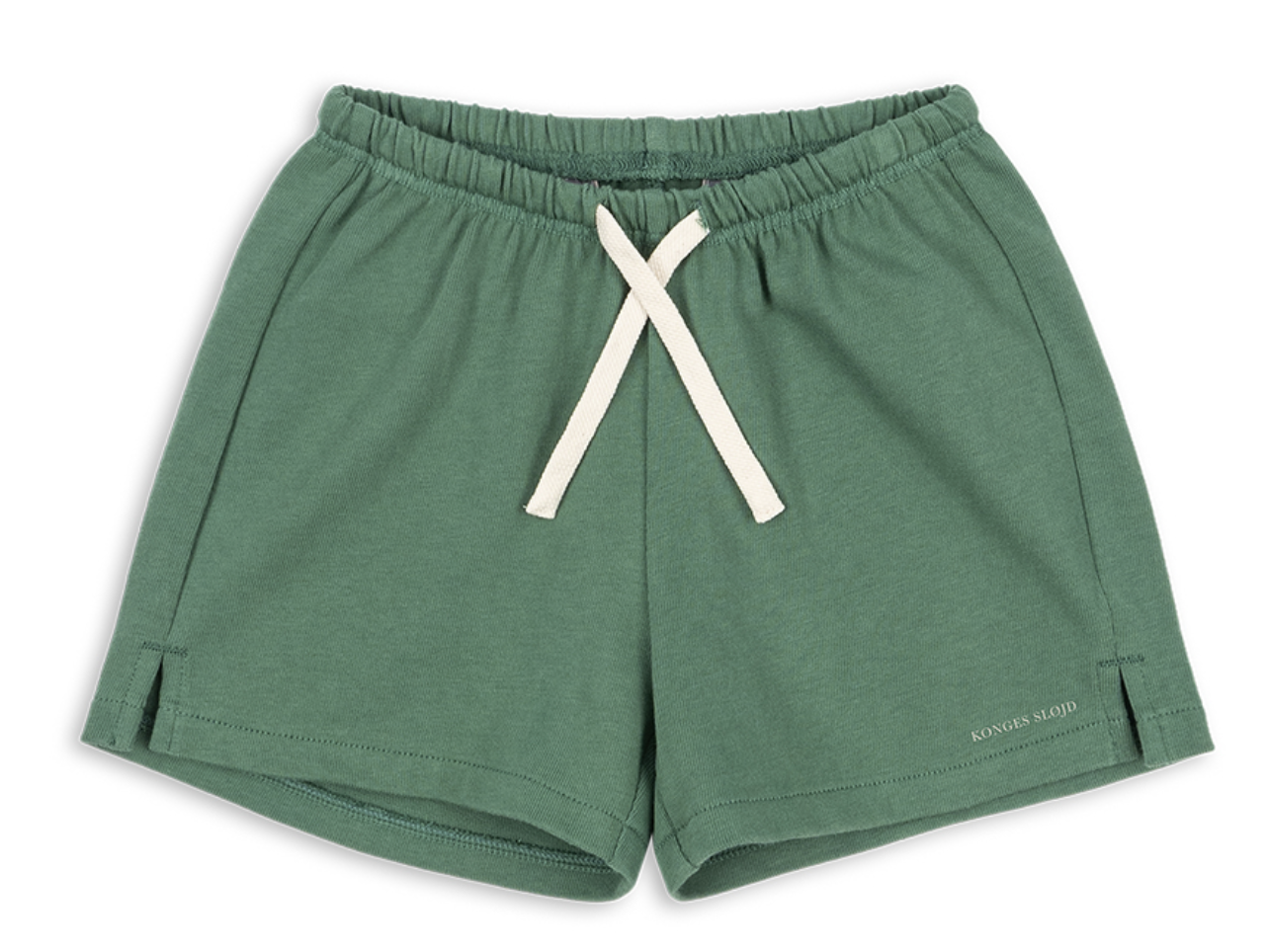 The Konges Slojd Baby Boys’ and Boys’ Spotty Sweat Short in green features a soft fabric, elastic waistband with adjustable drawstring, and small side slits, displayed on a white background.
