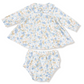 Angel Dear Baby Girls' Long Sleeve Petal Collar Dress and Bloomer set in soft organic cotton muslin, featuring a blue and yellow petal collar, laid flat on a white background.