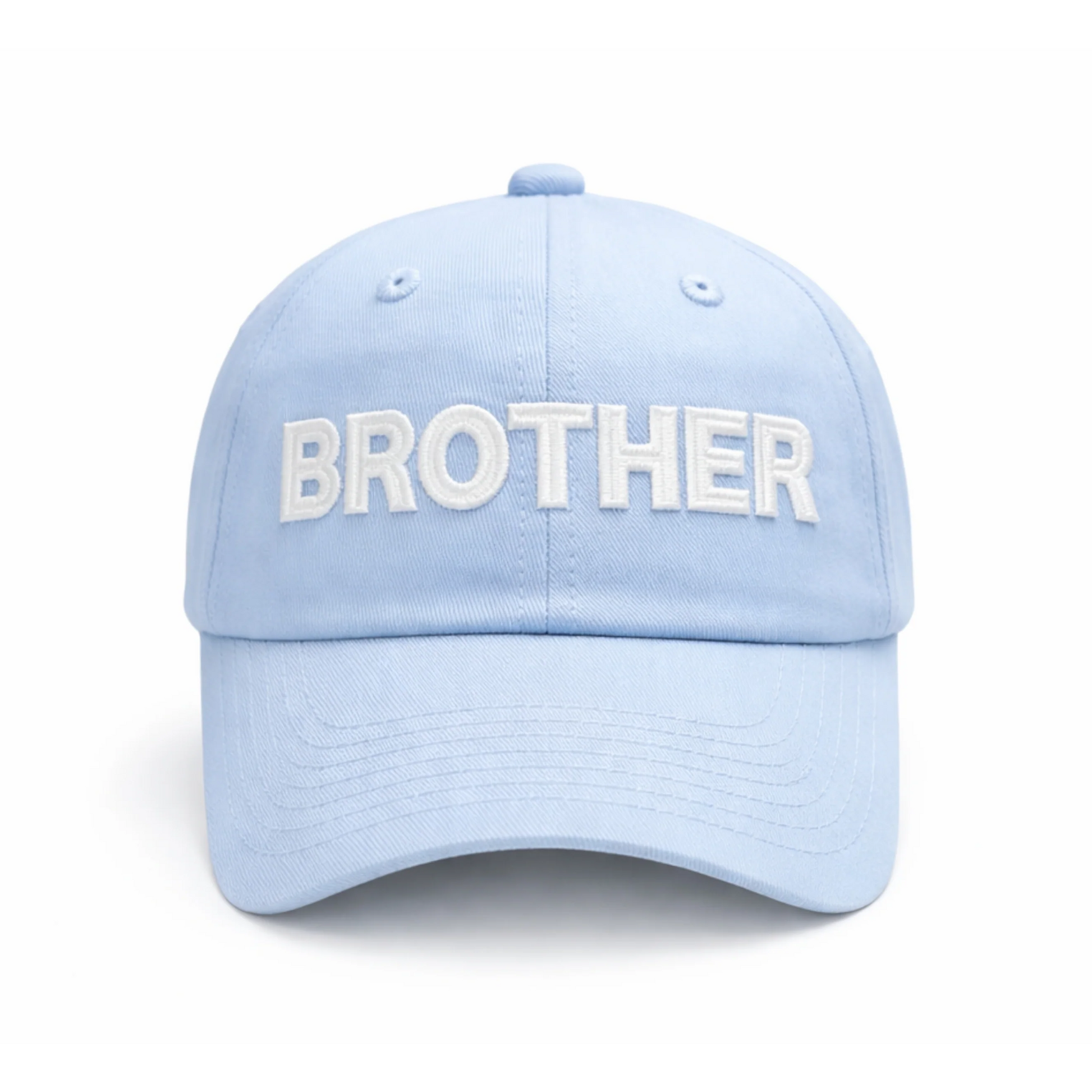 Show your sibling pride with the Brother Hat from Bits & Bows—a light blue baseball cap featuring “BROTHER” boldly embroidered in large white letters on the front.