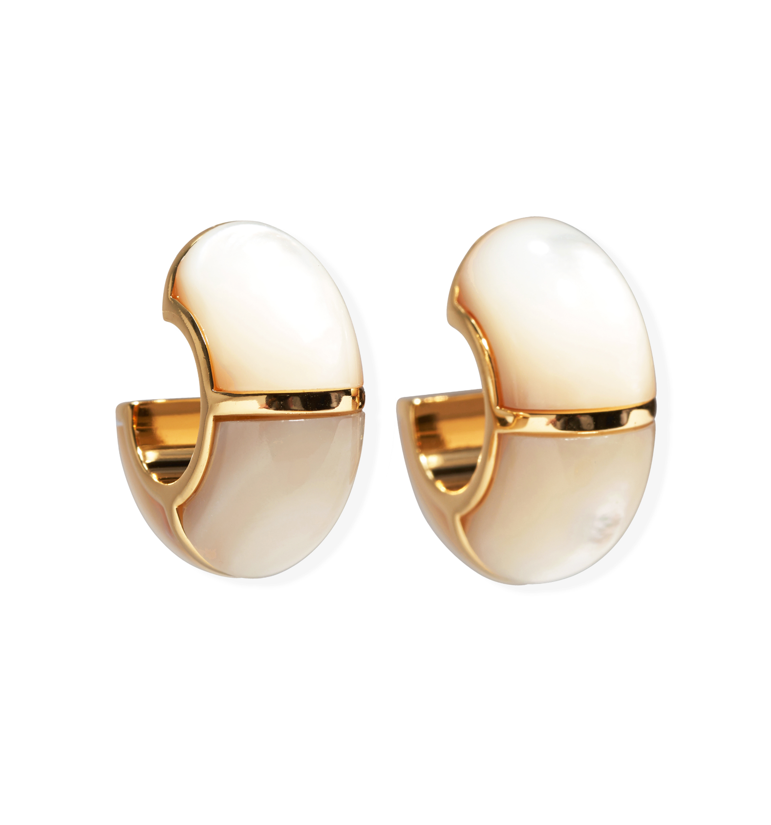 The Lizzie Fortunato Zellige Hoops are gold-plated brass half-hoop earrings with a smooth, cream-colored inlay, shown against a white background.