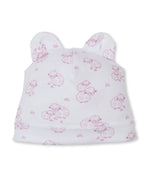 Introducing the Kissy Kissy Baby Sweet Sheep Hat—crafted from luxurious Pima cotton for ultimate comfort, this charming white baby hat features adorable bear ears and a delightful pink sheep pattern printed across the fabric.