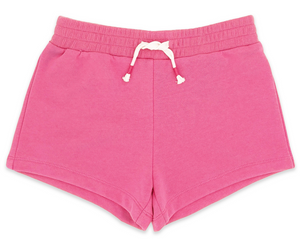 Feather 4 Arrow Baby Girls’ and Girls’ Weekend Short in pink French terry, featuring an elastic waistband and white drawstring, displayed flat against a white background—perfect for pairing with your favorite Weekend Vibes Sweatshirt.