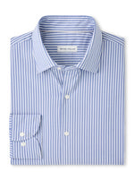 The Peter Millar Langley Crown Lite Cotton-Stretch Sport Shirt is a blue and white vertically striped twill shirt with easy-care stretch cotton, a pointed collar, and buttoned cuffs.