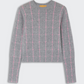 Shrunken Checker Crew by Guest in Residence—gray cashmere sweater with pink grid, long sleeves, ribbed cuffs and hem, shown flat on a light background.
