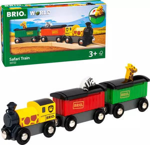 The Brio Safari Train includes a yellow engine, colorful cars, and safari animals. Displayed inside and outside its packaging. Suitable for ages 3+.