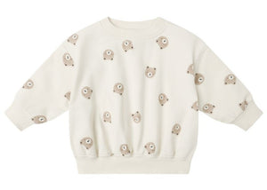The Quincy Mae Baby Relaxed Sweatshirt is a cream-colored cozy essential, featuring small light brown bear faces—perfect for little ones.