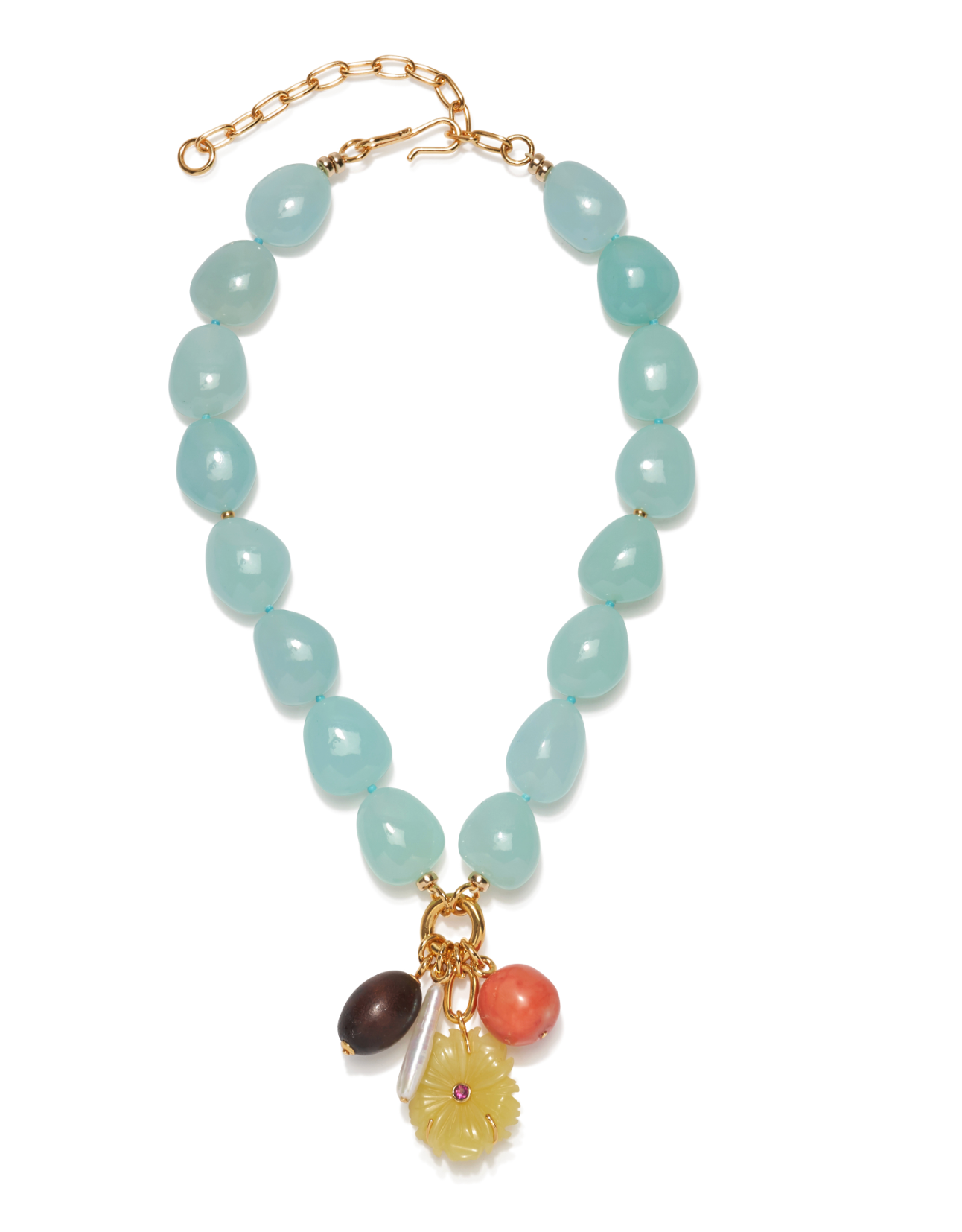 The Cordoba Necklace by Lizzie Fortunato features large oval blue beads, a gold chain clasp, and four unique pendants—brown, yellow flower, orange, and translucent white—echoing the look of a chunky aqua chalcedony necklace.