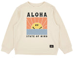 The Feather 4 Arrow Baby and Kids’ Aloha State of Mind Hacci Pullover features a relaxed fit and ultra-soft knit for all-day comfort. This beige sweatshirt showcases a graphic of a smiling sun above blue waves and orange rays with the text “ALOHA STATE OF MIND.”.