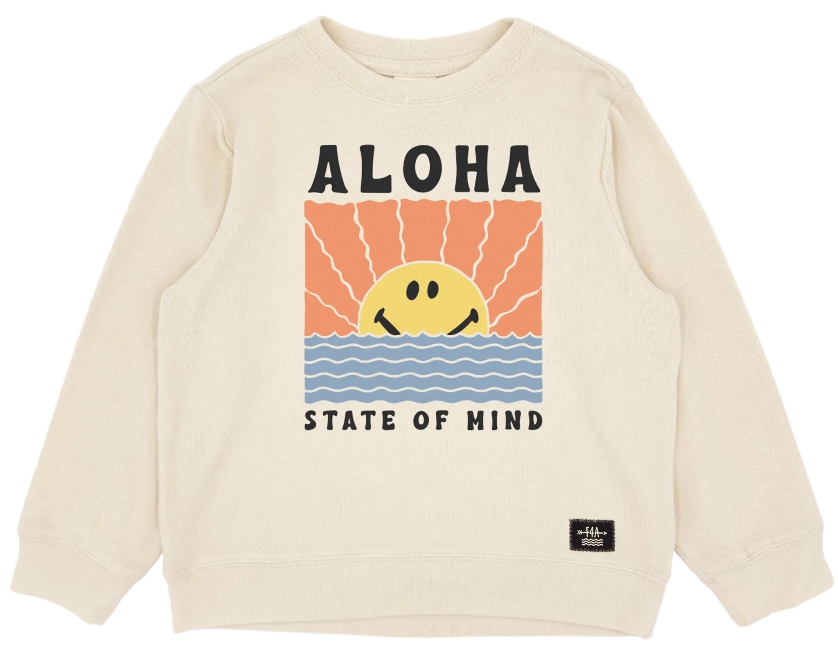 The Feather 4 Arrow Baby and Kids’ Aloha State of Mind Hacci Pullover features a relaxed fit and ultra-soft knit for all-day comfort. This beige sweatshirt showcases a graphic of a smiling sun above blue waves and orange rays with the text “ALOHA STATE OF MIND.”.