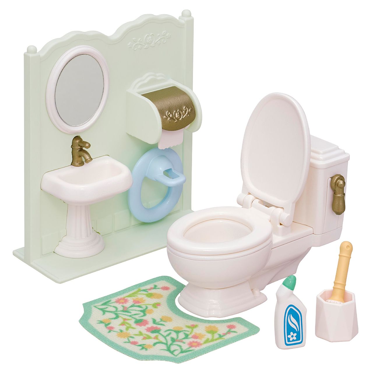 Calico Critters Country Bathroom Set: This delightful bathroom set is an ideal addition to your Calico Critters or dollhouse furniture collection, including a toilet, sink with mirror, toilet paper holder, floor mat, toilet brush, and cleaning bottle—all conveniently arranged on a flat surface.