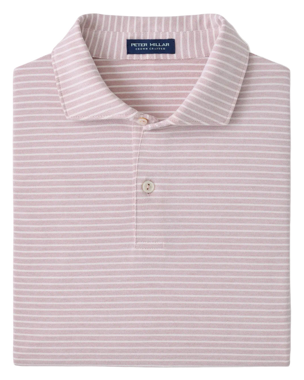 A folded light pink Peter Millar Albatross Stripe Cotton-Blend Piqué Polo with white stripes and a two-button placket.