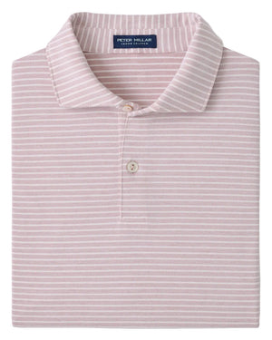 A folded light pink Peter Millar Albatross Stripe Cotton-Blend Piqué Polo with white stripes and a two-button placket.