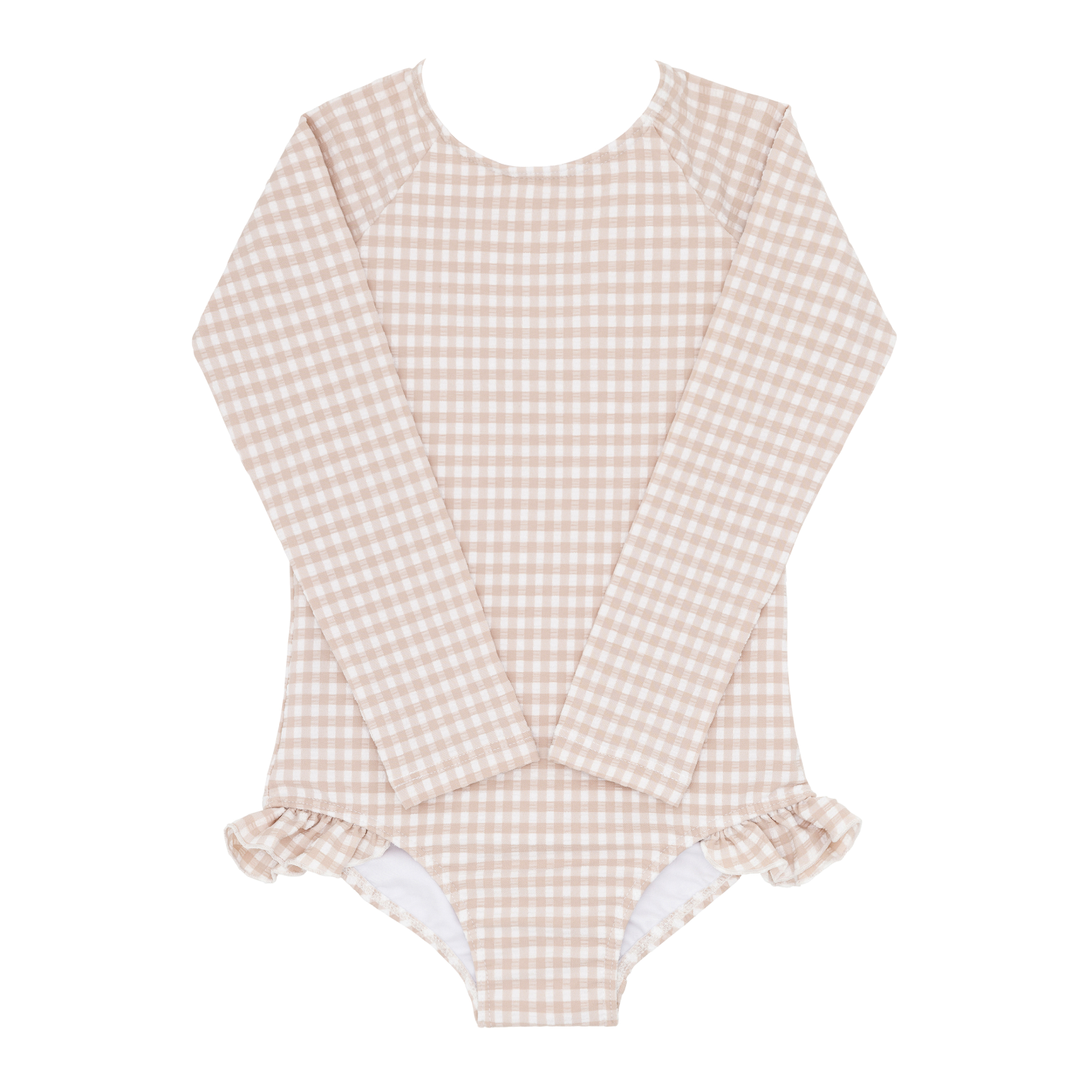 The Minnow Girls' Rashguard One Piece, a long-sleeve beige and white gingham-patterned swimsuit with ruffled leg openings and a sun-safe design, is laid flat on a white background.