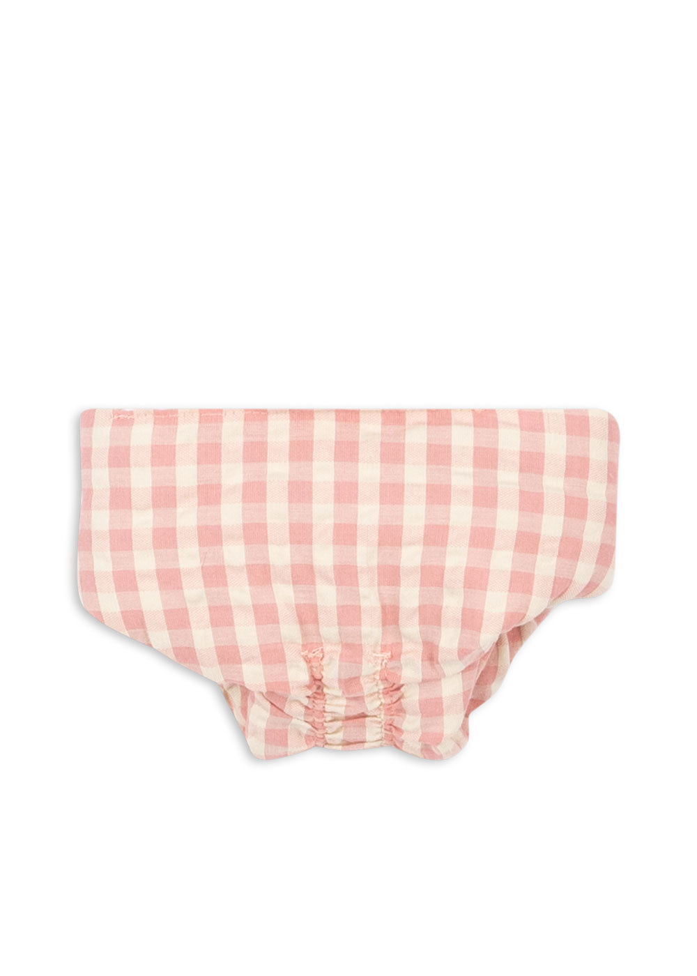 A pink and white checkered diaper cover, made from 100% cotton with an elastic waistband and leg openings, is displayed on a white background. This item is part of the Konges Slojd Doll Nursery Set by Konges Slojd and is perfect as a toy for children aged 3 years and up.