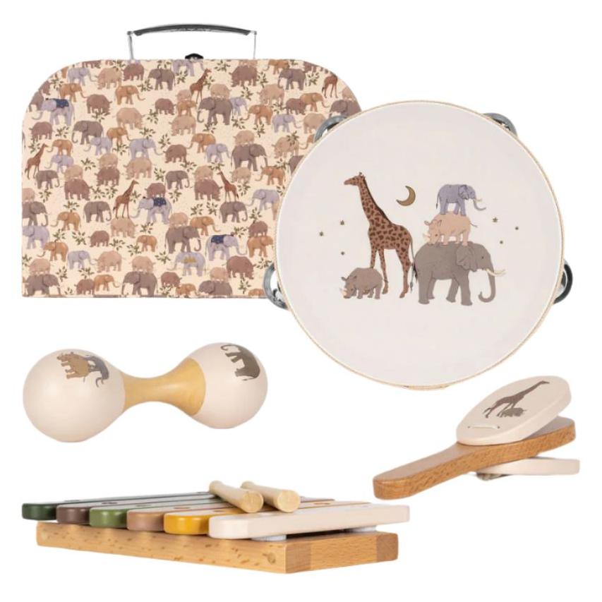 The Konges Slojd Wooden Music Sets by Konges Slojd features wooden musical instruments such as a xylophone, maraca, tambourine, and castanets adorned with animal illustrations, all housed in a matching carrying case with an animal print.