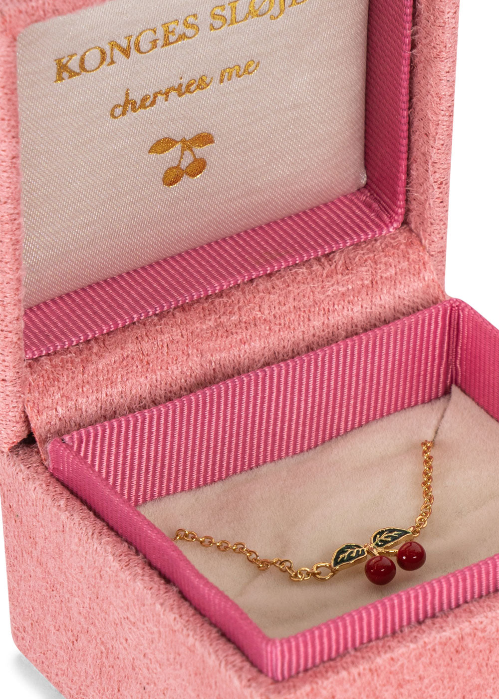 The Konges Slojd 24K Gold Plating Cherry Necklace features two cherry pendants, elegantly displayed in a pink velvet box with 'Konges Slojd' inside the lid, making it an ideal special occasion gift.