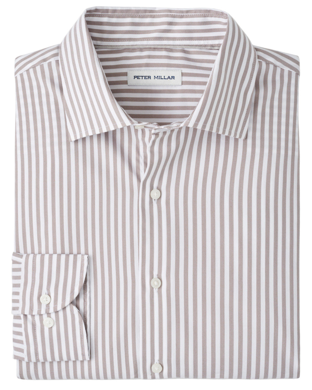A neatly folded Peter Millar Cannon Crown Lite Cotton-Stretch Sport Shirt, long-sleeve with vertical beige and white stripes, collared, button-up, easy-care fabric, and a visible brand label.