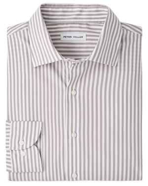 A neatly folded Peter Millar Cannon Crown Lite Cotton-Stretch Sport Shirt, long-sleeve with vertical beige and white stripes, collared, button-up, easy-care fabric, and a visible brand label.