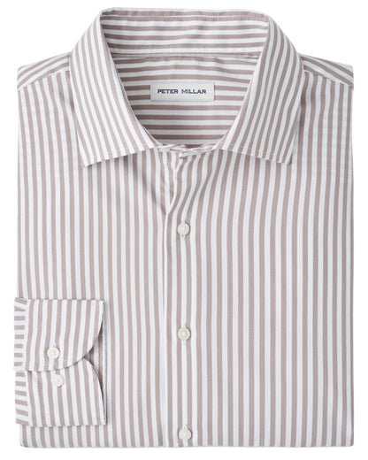 A neatly folded Peter Millar Cannon Crown Lite Cotton-Stretch Sport Shirt, long-sleeve with vertical beige and white stripes, collared, button-up, easy-care fabric, and a visible brand label.