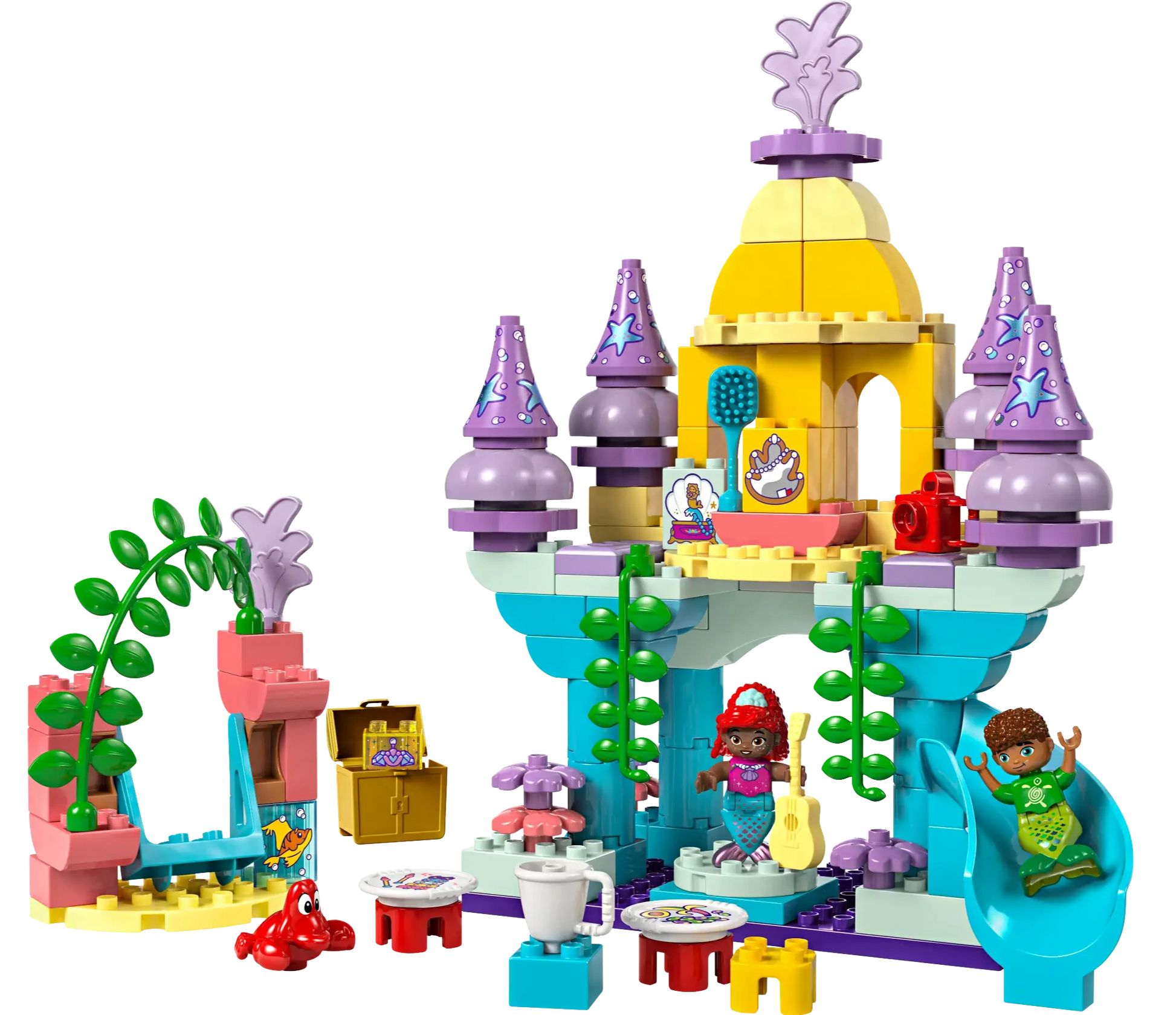 Explore your creativity with the LEGO® DUPLO® Ariel's Magical Underwater Palace from Legos - Toyhouse. This vibrant castle set comes with two delightful figurines, an exciting slide, and a range of accessories including plates and a crab, ideal for Disney Princess Ariel enthusiasts to embark on endless imaginative adventures.