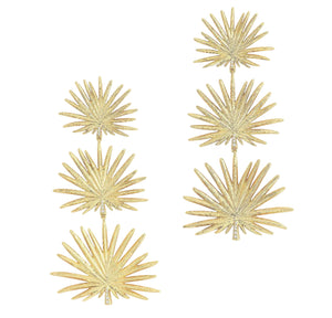 Anabel Aram Palm Triple Fan Dangle Earrings: 18K gold plated dangle earrings featuring a vertical stack of three textured triple fan palm leaf shapes.