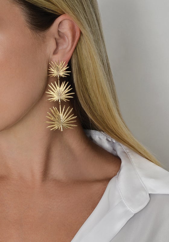 Anabel Aram Palm Triple Fan Dangle Earrings featuring three stacked, gold-tone textured palm fan shapes worn on a person’s earlobe.