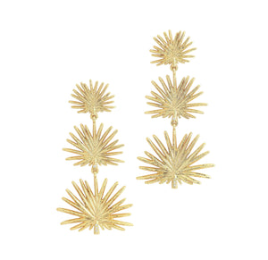 Anabel Aram Palm Triple Fan Dangle Earrings featuring two 18K gold-plated dangle earrings, each with three tiered, fan-shaped palm leaf charms.