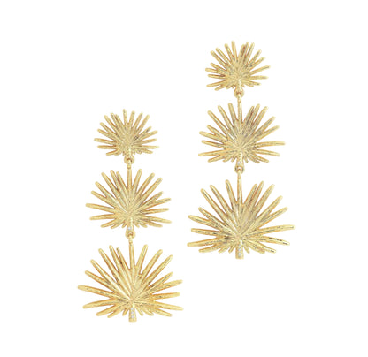 Anabel Aram Palm Triple Fan Dangle Earrings featuring two 18K gold-plated dangle earrings, each with three tiered, fan-shaped palm leaf charms.