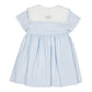 The Baby Girls' and Girls' Paola Dress by Kidiwi is a sky blue piqué summer dress with short sleeves, a white sailor collar, floral embroidery on the back, and a gathered skirt for comfort and style.