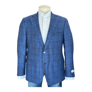 The Samuelsohn Patriot Windowpane Bennet Blazer—blue checkered with notch lapels—styled over a white dress shirt and blue jeans on a headless mannequin, ideal for luxury menswear enthusiasts.