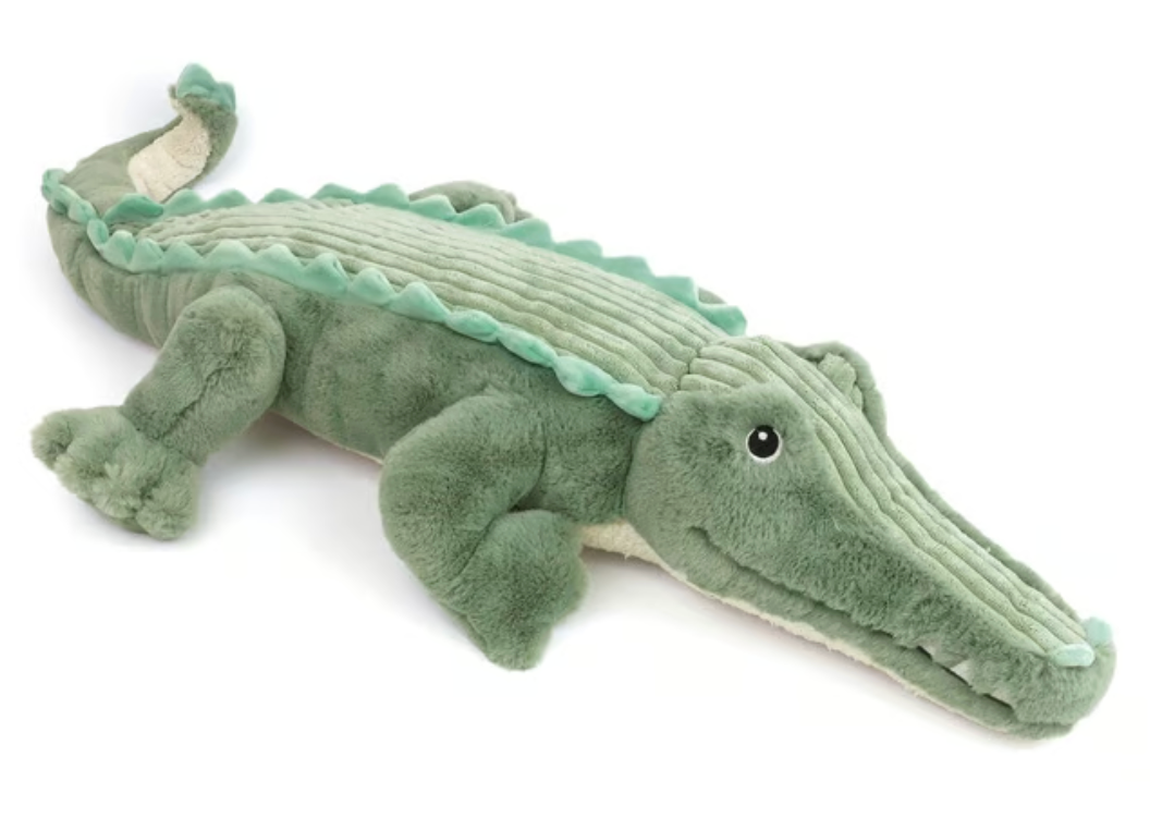 Introducing the Jagger Alligator XL by Mon Ami—a green plush alligator toy featuring a textured back and ultra-soft fabric. This oversized plush lies on a white background, making it perfect for cozy cuddles.