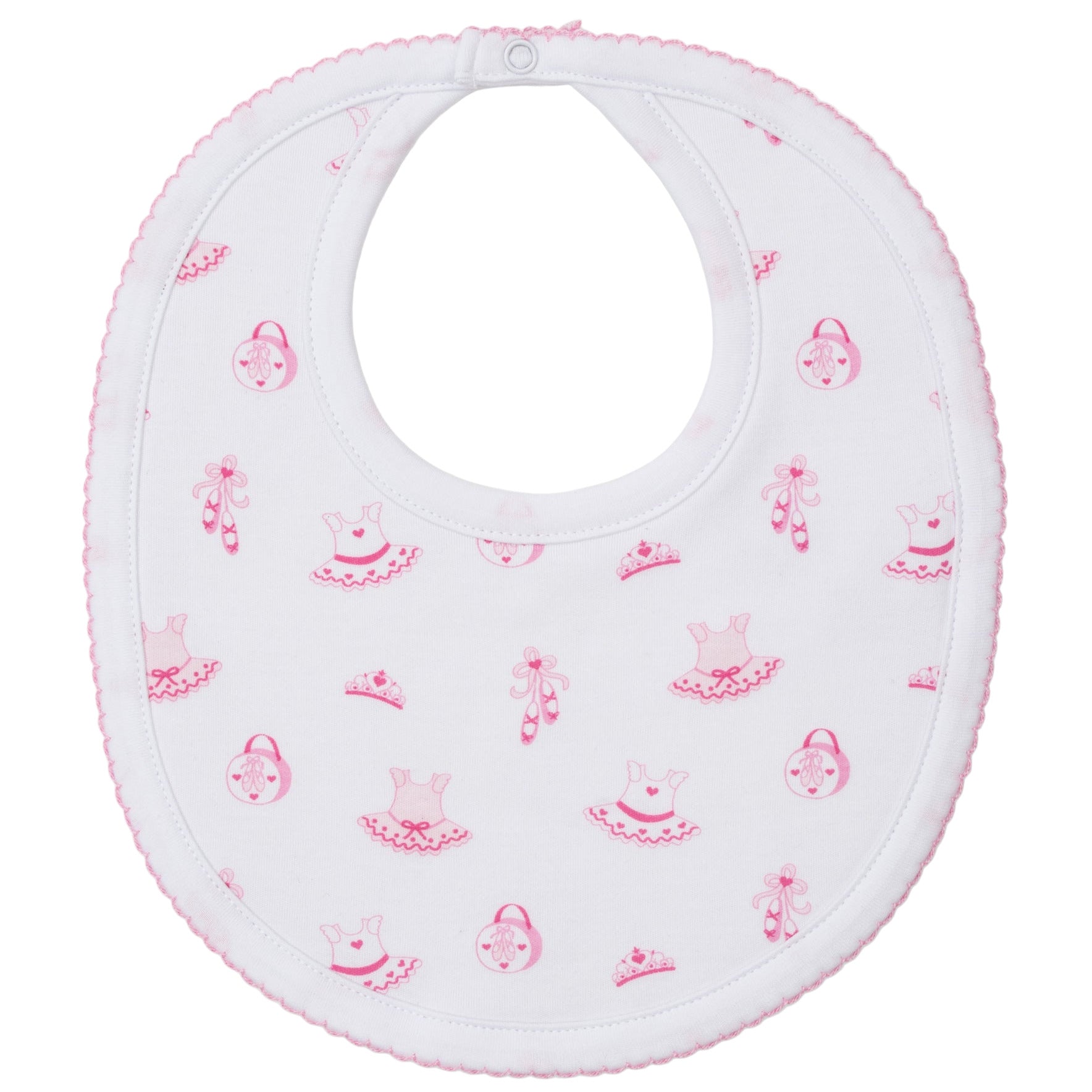 The Kissy Kissy Ready to Dance Bib is made from soft Pima cotton with a pink trim, decorated with prints of dresses, purses, and flowers. It features a button closure at the neck—perfect for keeping mealtime messes away.