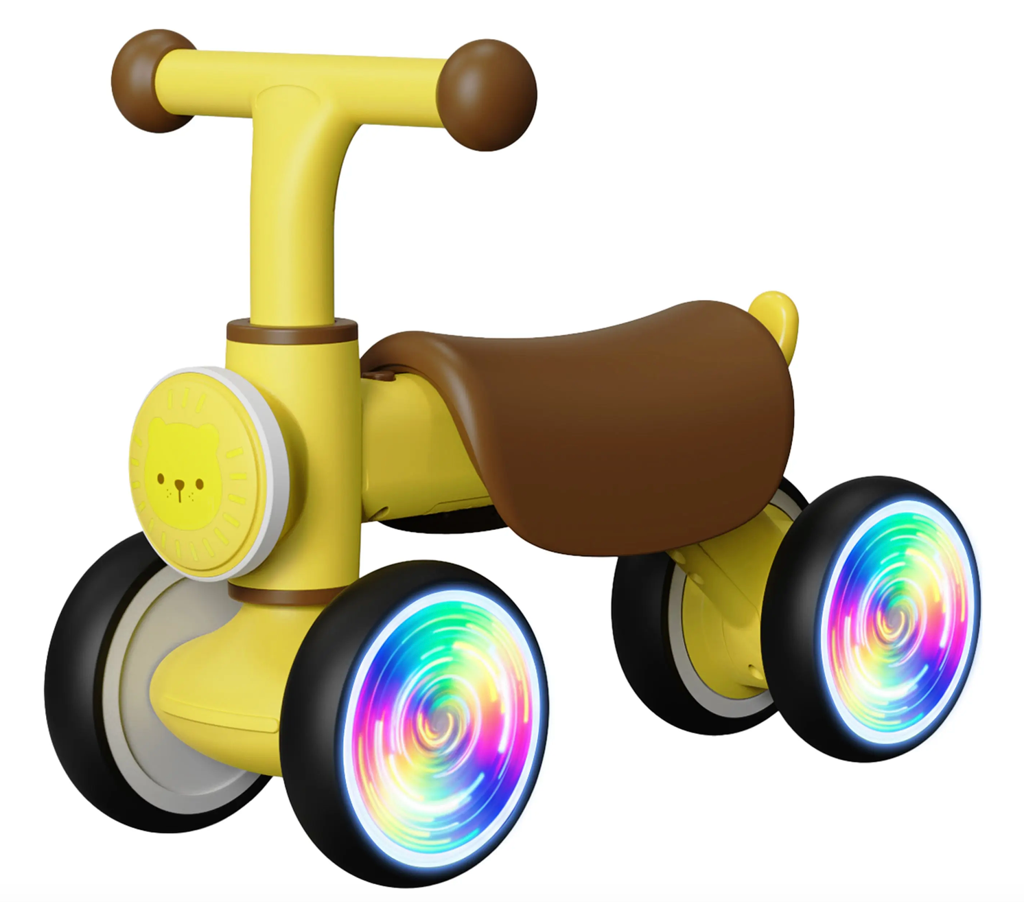 The Freddo Nature Navigator Balance Bike for toddlers features a yellow and brown design, a playful lion face on the front, and illuminated multicolored LED lights in the wheels for enhanced sensory discovery, shown on a white background.