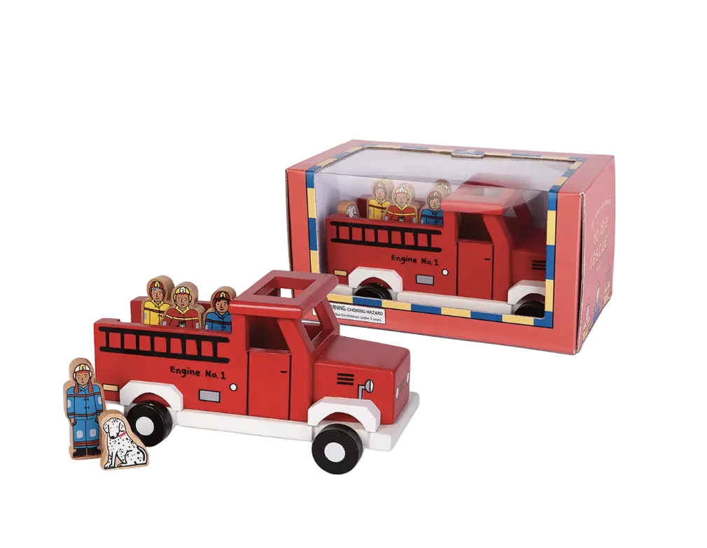 Jack Rabbit Creations Magnetic Truck, a red wooden toy fire truck with removable firefighter and dog figures, is shown next to its packaging box featuring a clear window that displays the toy inside.