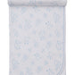 The Kissy Kissy Cheerful Good Night Printed Blanket is a white Pima cotton baby blanket featuring blue clouds, moons, stars, and rainbow prints, neatly rolled at the top edge.