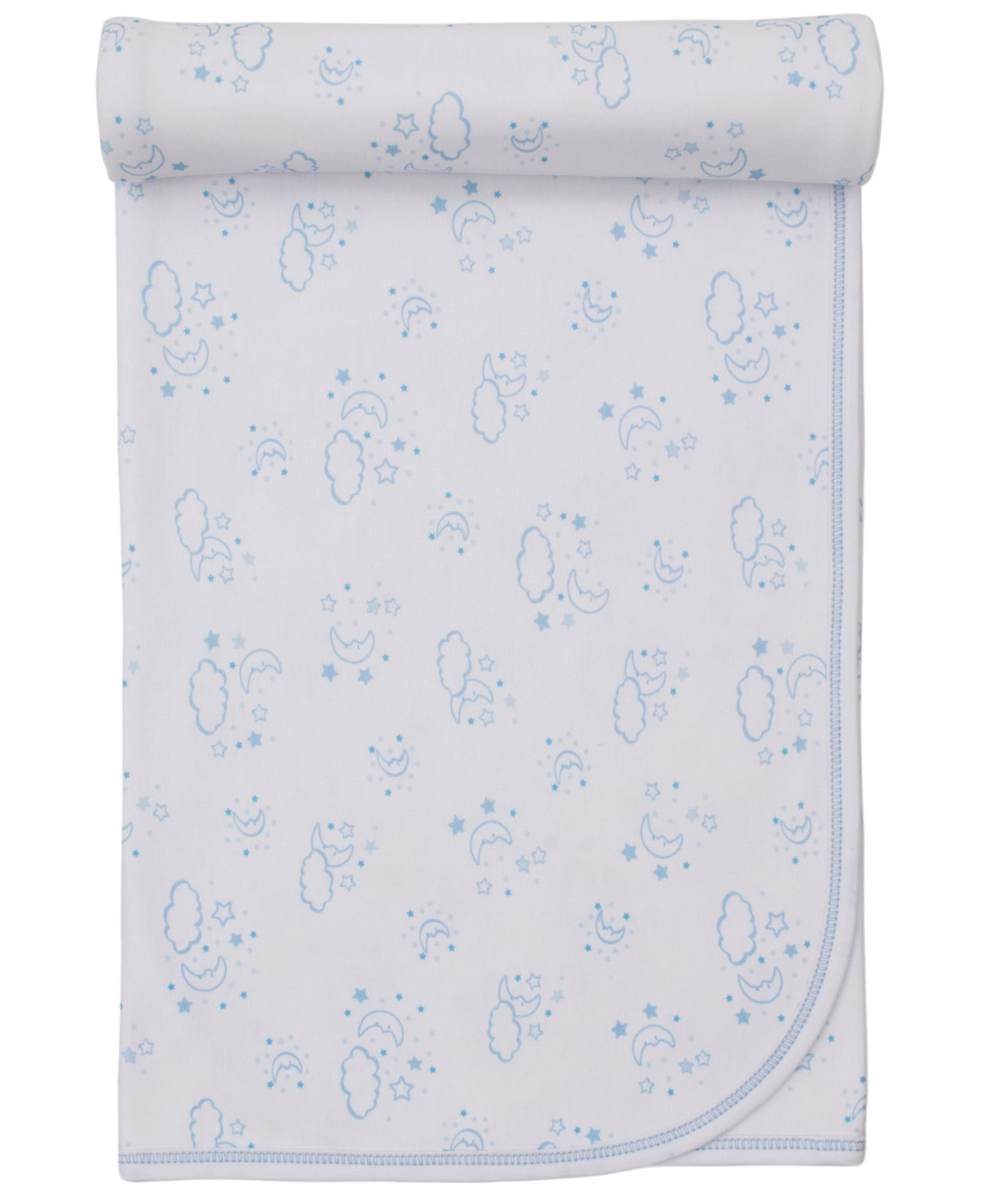 The Kissy Kissy Cheerful Good Night Printed Blanket is a white Pima cotton baby blanket featuring blue clouds, moons, stars, and rainbow prints, neatly rolled at the top edge.