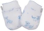 The Kissy Kissy Puppy Paws Printed Mitts are a pair of white newborn mitts made from ultra-soft Pima cotton, featuring blue trim and delightful blue puppy illustrations along with small paw prints.