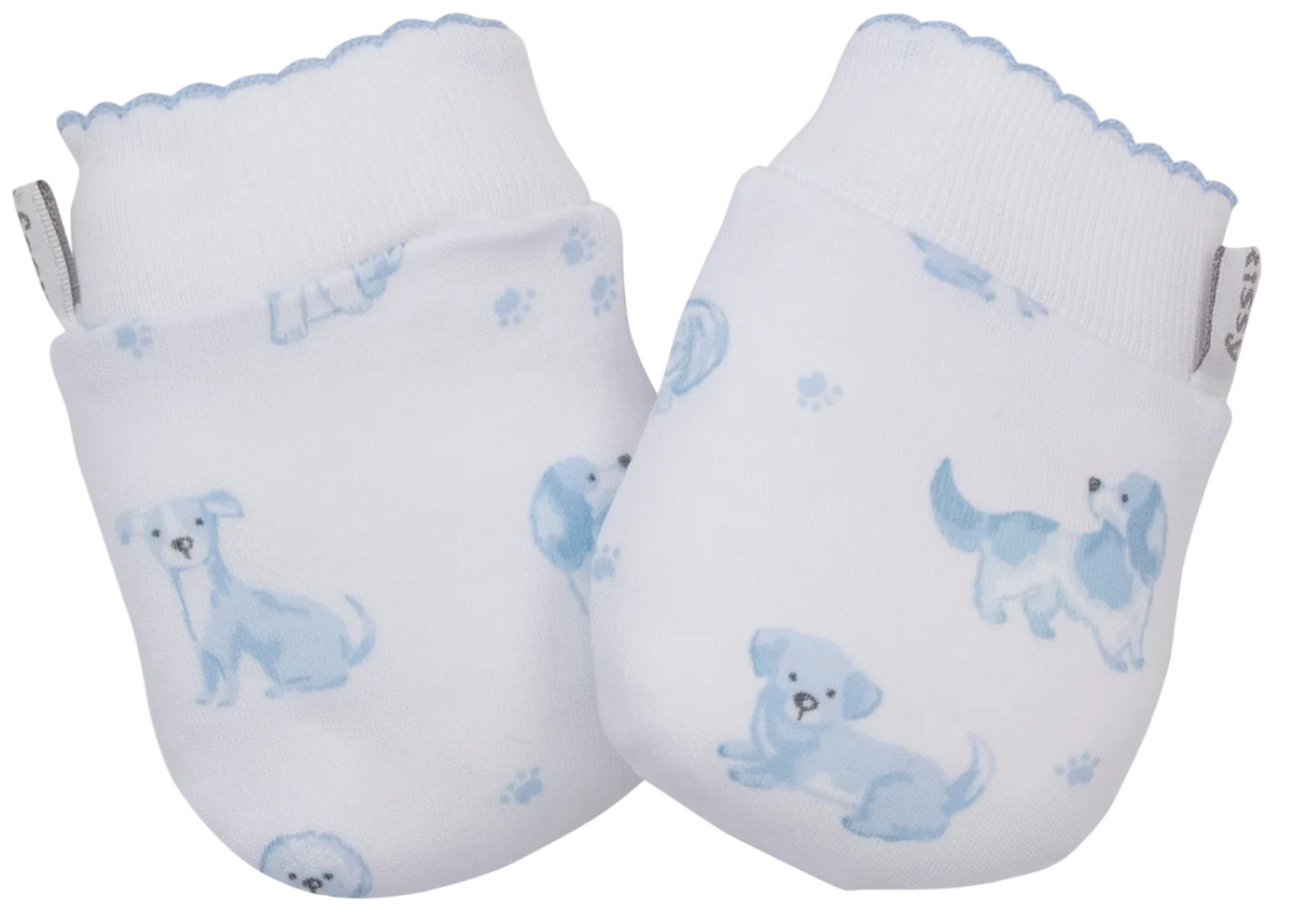 The Kissy Kissy Puppy Paws Printed Mitts are a pair of white newborn mitts made from ultra-soft Pima cotton, featuring blue trim and delightful blue puppy illustrations along with small paw prints.