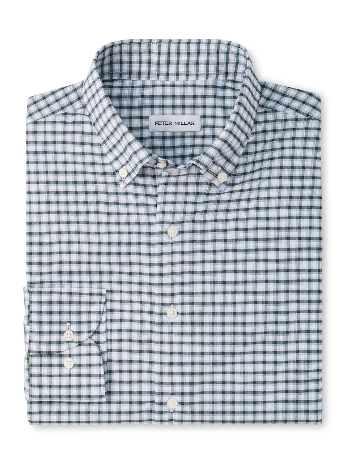 Peter Millar Charles Performance Twill Sport Shirt in a light blue, white, and black grid pattern with a button-down collar and UPF 50+ protection.
