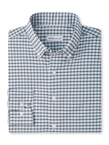 Peter Millar Charles Performance Twill Sport Shirt in a light blue, white, and black grid pattern with a button-down collar and UPF 50+ protection.