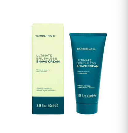 A box and tube of Barberino's Ultimate Brushless Shave Cream, each 100 ml (3.38 fl oz), both feature product details—ideal for your grooming routine and delivering a smooth shave every time.