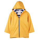 The Hatley Kids’ Yellow Zip Up Splash Jacket, featuring a hood, striped lining, and a PVC-free design, is shown against a white background—perfect for keeping children dry on rainy days.