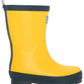 A single Hatley Yellow & Navy Matte Rain Boot is shown from the side on a white background, featuring a yellow design with navy trim and slip-resistant rubber tread.