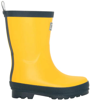 A single Hatley Yellow & Navy Matte Rain Boot is shown from the side on a white background, featuring a yellow design with navy trim and slip-resistant rubber tread.