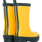 A pair of Hatley Yellow & Navy Matte Rain Boots for kids, featuring yellow uppers with black soles and two vertical black stripes on the back, shown from the rear. These waterproof boots are made with slip-resistant rubber to help ensure safety in wet conditions.