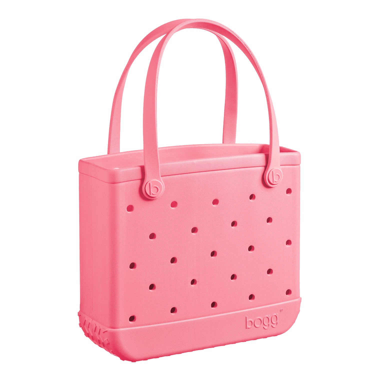 The Baby Bogg Bag by Bogg Bags is a pink, washable tote with two handles, made of perforated rubber-like material. Shown on a plain white background, this stylish and practical bag is perfect for everyday use.