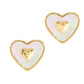 Anabel Aram Heart Radiant stud earrings featuring 18K gold plated hearts with iridescent inlays and small raised gold centers.