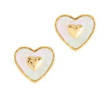 Anabel Aram Heart Radiant stud earrings featuring 18K gold plated hearts with iridescent inlays and small raised gold centers.