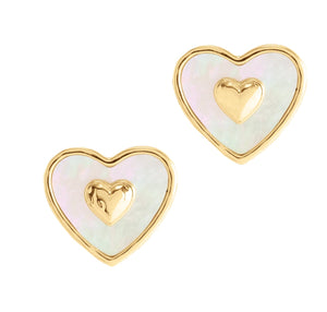 Anabel Aram Heart Radiant stud earrings featuring 18K gold plated hearts with iridescent inlays and small raised gold centers.