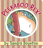 The book cover of "Peekaboo Rex!" by Simon & Schuster features a cartoon T. rex peeking from behind a tree against a striped background, in this charming peekaboo board book.
